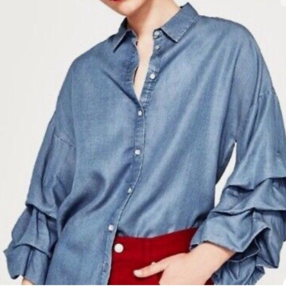 Zara Woman Butterfly Premium Denim Ruffle Sleeve Blouse Size XS